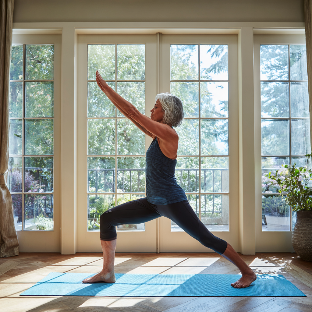 Жінка 52 років виконує асану воїна в яскравому приміщенні з великими вікнами
