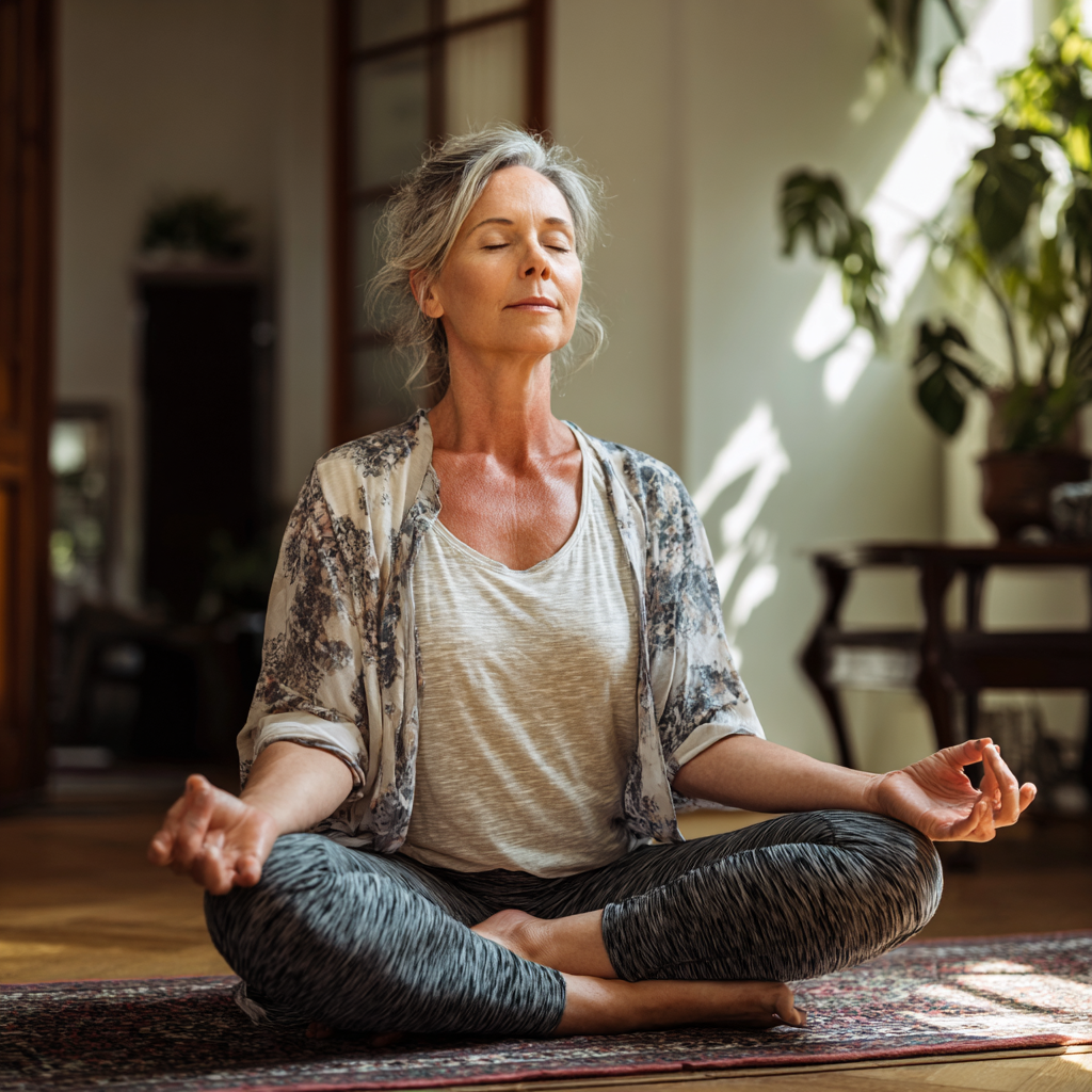 Жінка 55 років практикує йогу в домашніх умовах у спокійній позі лотоса з закритими очима