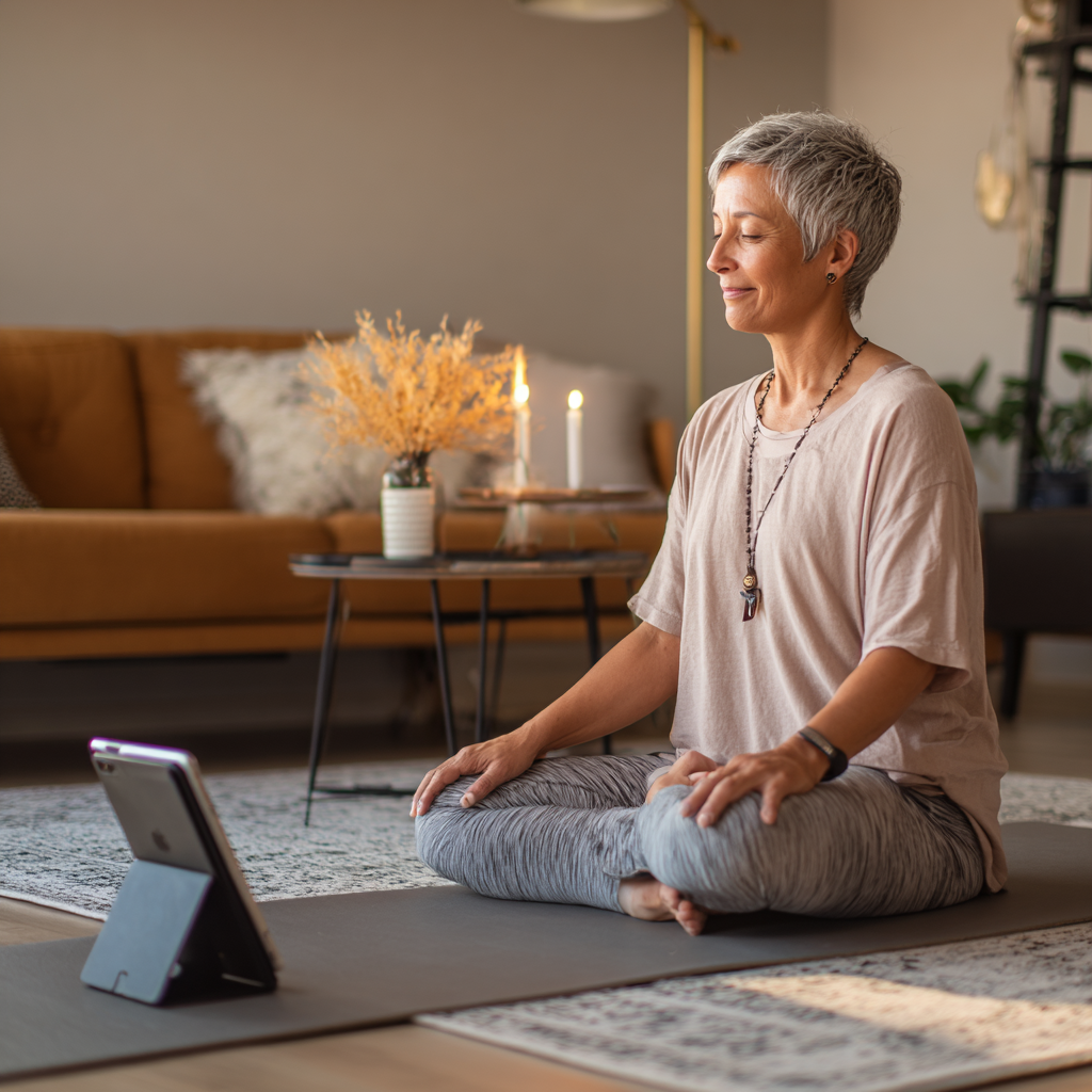Жінка 57 років займається йогою онлайн у своїй вітальні з планшетом на підставці